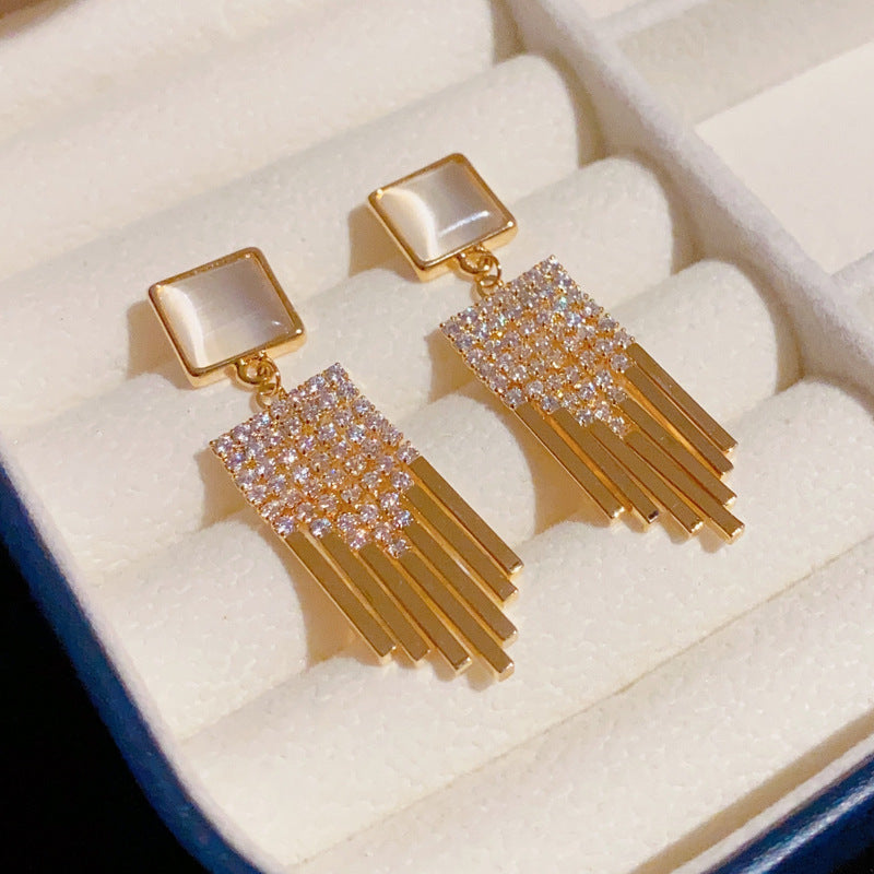 Square Cat's Eye Stone Tassel Earring