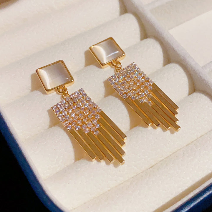 Square Cat's Eye Stone Tassel Earring