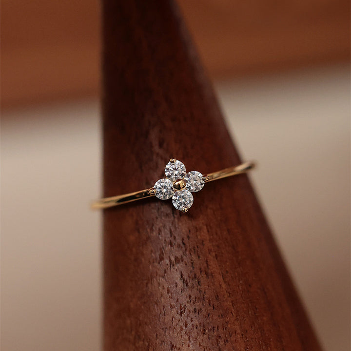 Four-Petal Zircon Stackable Ring — Dainty Floral Band | Gold / Silver | S925 Sterling Silver