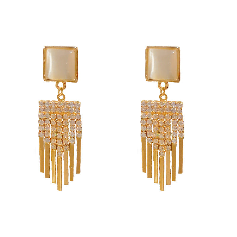 Square Cat's Eye Stone Tassel Earring