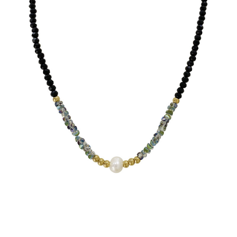 Black Crystal Natural Pearl Bracelet And Necklace Set