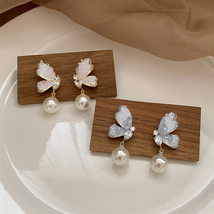 Gradient Crystal Butterfly Pearl Earrings