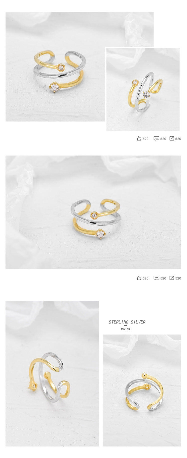 Sterling Silver Multi-Layered Split Color Adjustable Ring
