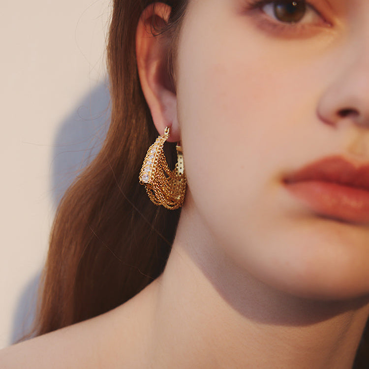 Zirconia Bag Chain Tassel Hoop Earring