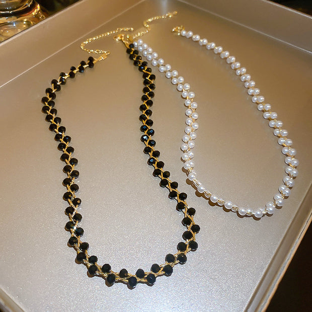 Crystal Pearl Twisted Double Layers Necklace