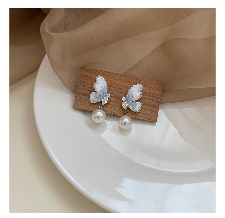 Gradient Crystal Butterfly Pearl Earrings