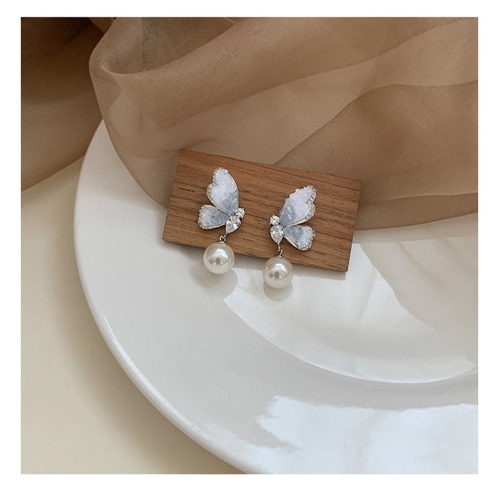 Gradient Crystal Butterfly Pearl Earrings