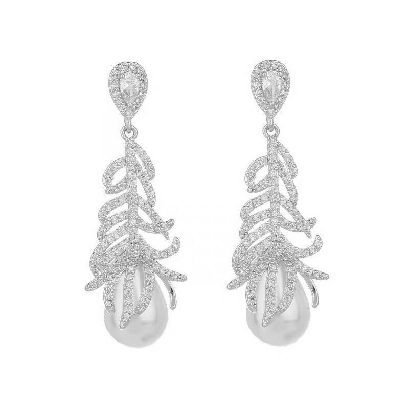 Micro Zirconia Feather Pearl Earrings