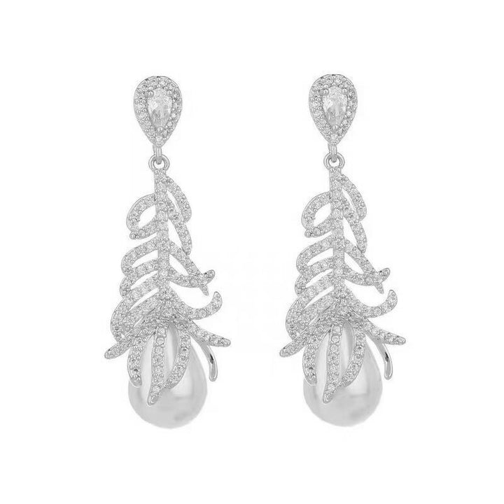 Micro Zirconia Feather Pearl Earrings