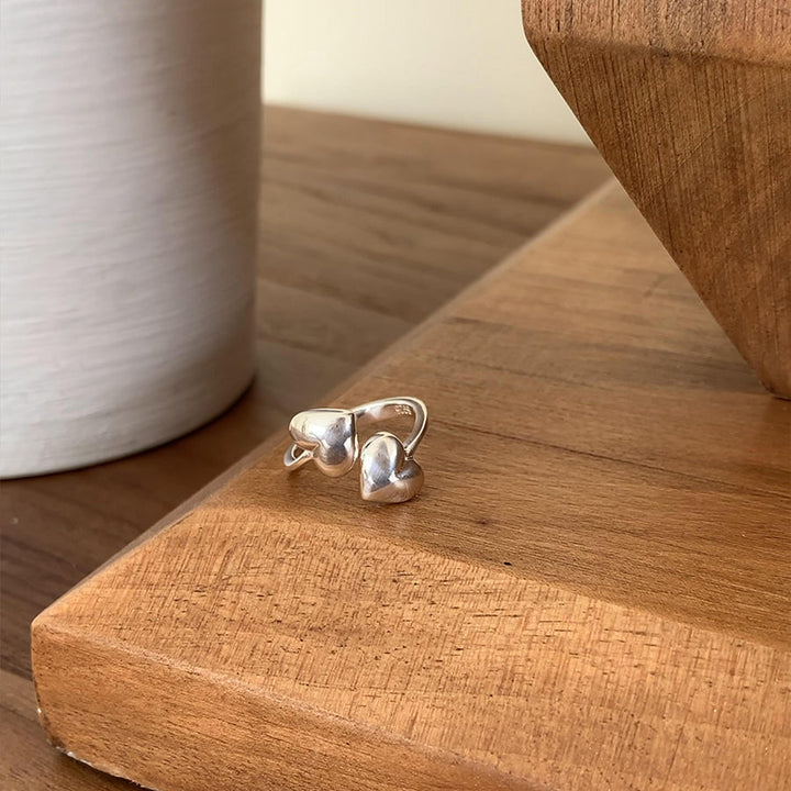S925 Sterling Silver Dual Heart Adjustable Ring