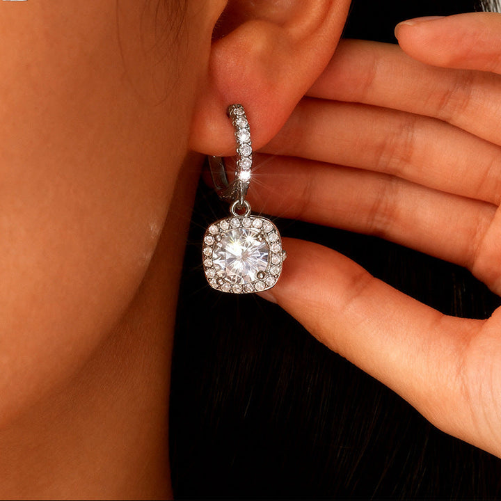 Square Halo Moissanite Drop Earrings