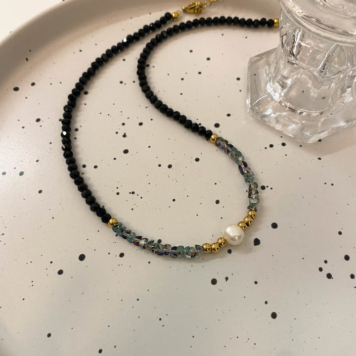 Black Crystal Natural Pearl Bracelet And Necklace Set
