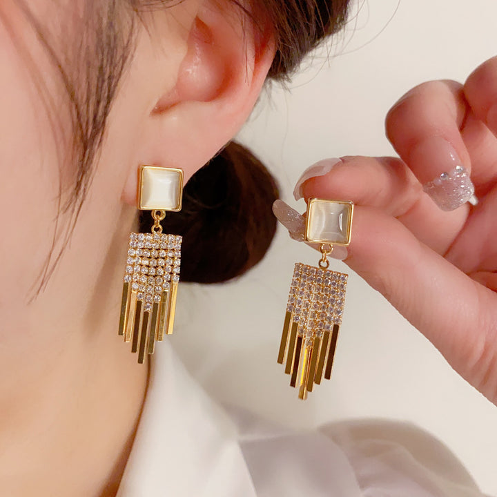Square Cat's Eye Stone Tassel Earring