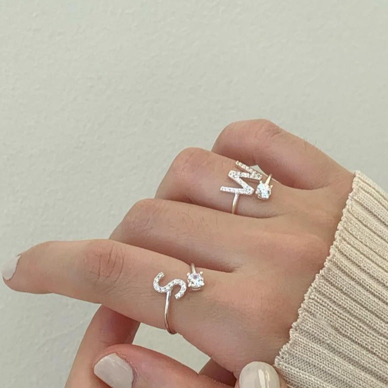 Zirconia Letter Sterling Silver Ring