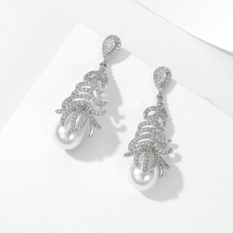 Micro Zirconia Feather Pearl Earrings