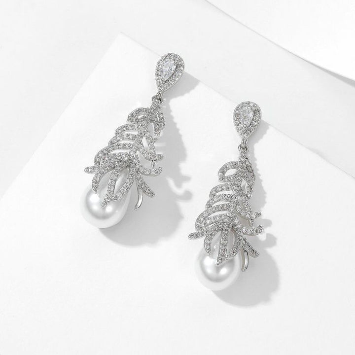 Micro Zirconia Feather Pearl Earrings