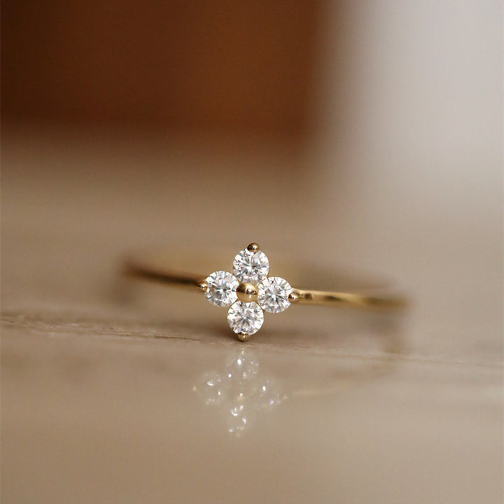Four-Petal Zircon Stackable Ring — Dainty Floral Band | Gold / Silver | S925 Sterling Silver