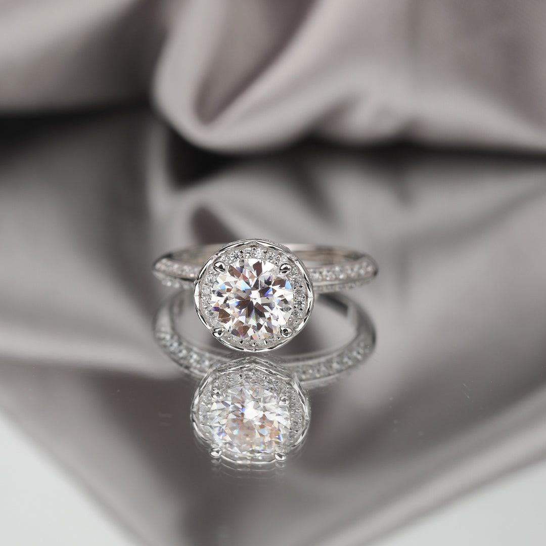 Lotus Crown Floral Halo Moissanite Engagement Ring