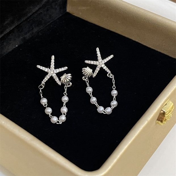 Full Diamond Starfish Tassel Pearl Earrings