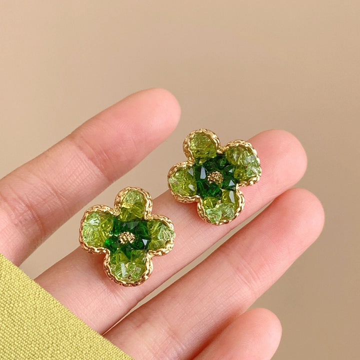Gradient Crystal Green Flower Earrings