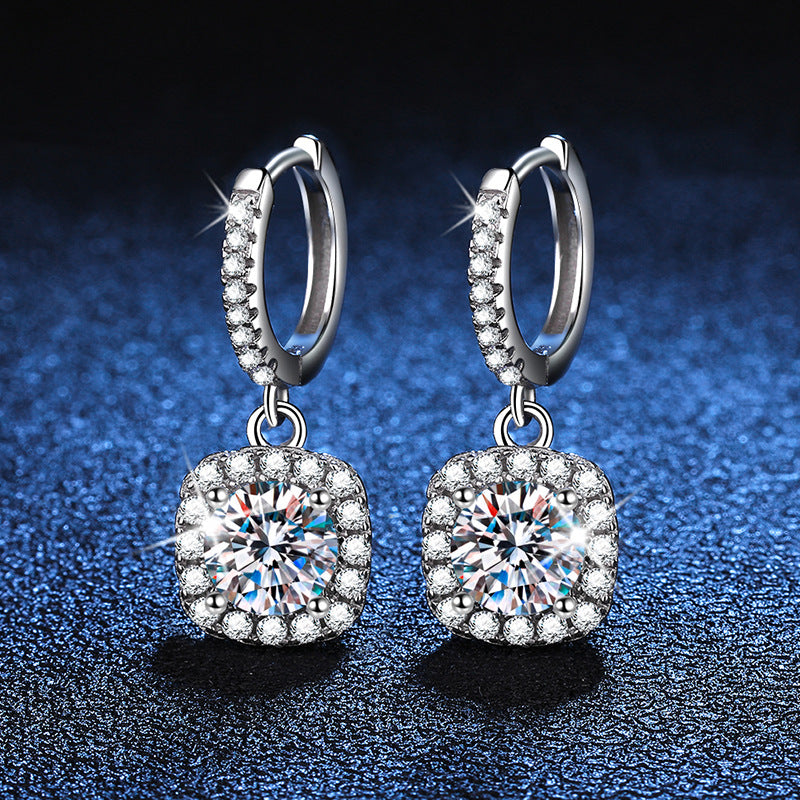 Square Halo Moissanite Drop Earrings