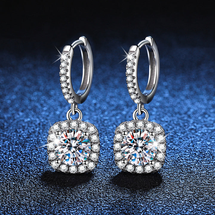 Square Halo Moissanite Drop Earrings