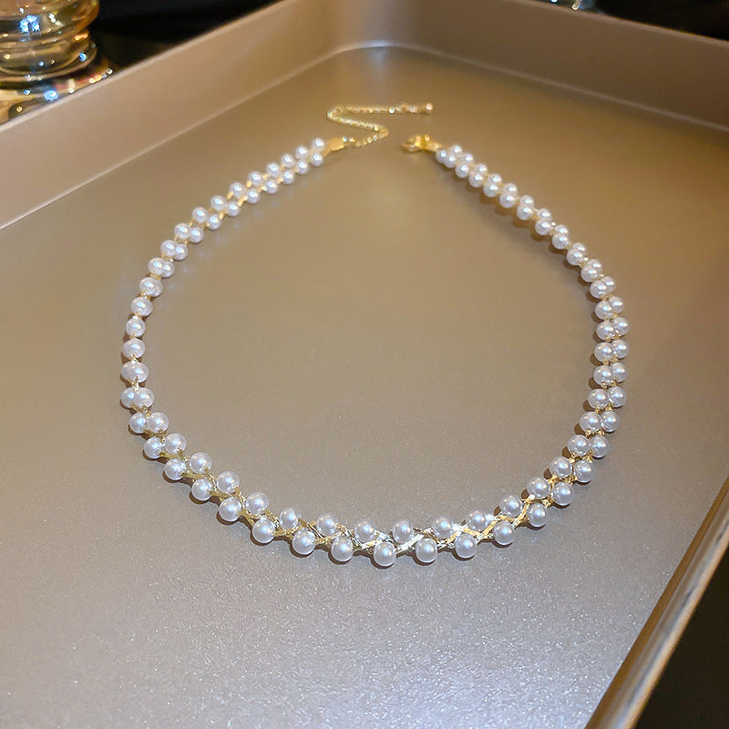 Crystal Pearl Twisted Double Layers Necklace
