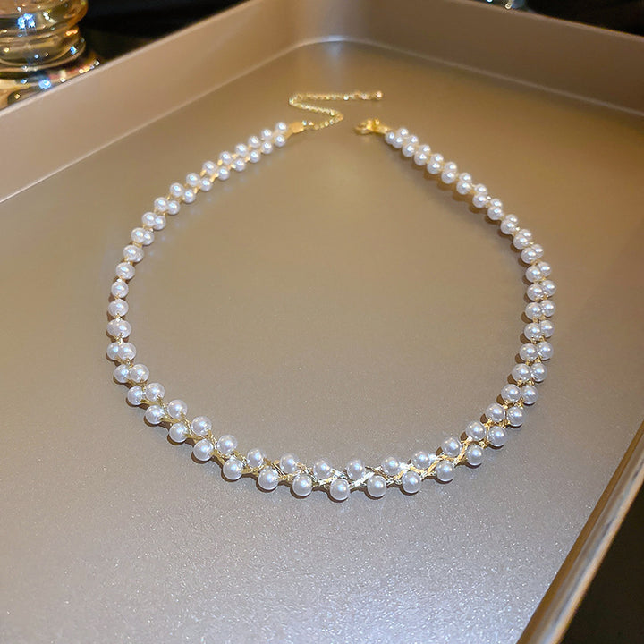 Crystal Pearl Twisted Double Layers Necklace