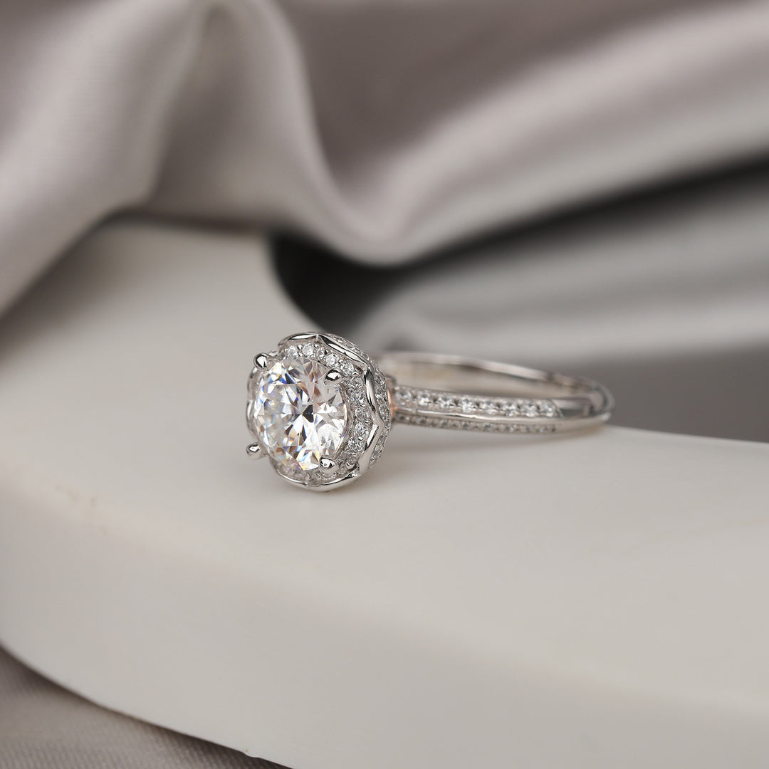 Lotus Crown Floral Halo Moissanite Engagement Ring