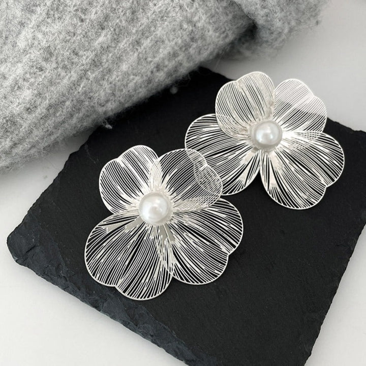 Silver Hollow Flower Petal Earrings