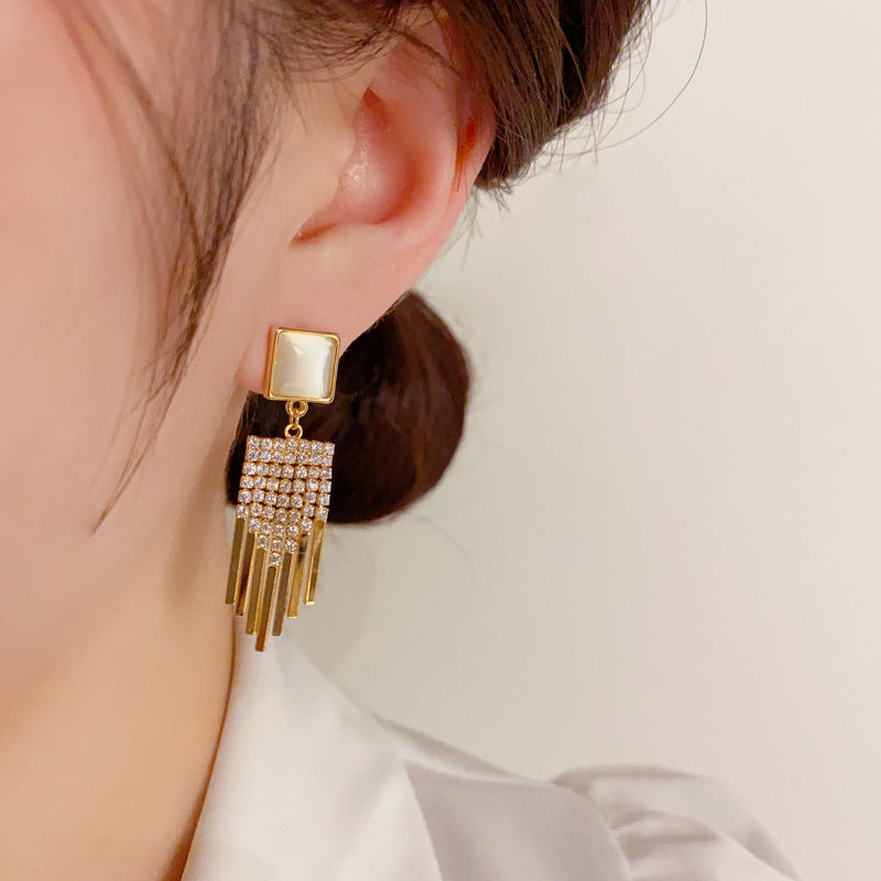 Square Cat's Eye Stone Tassel Earring