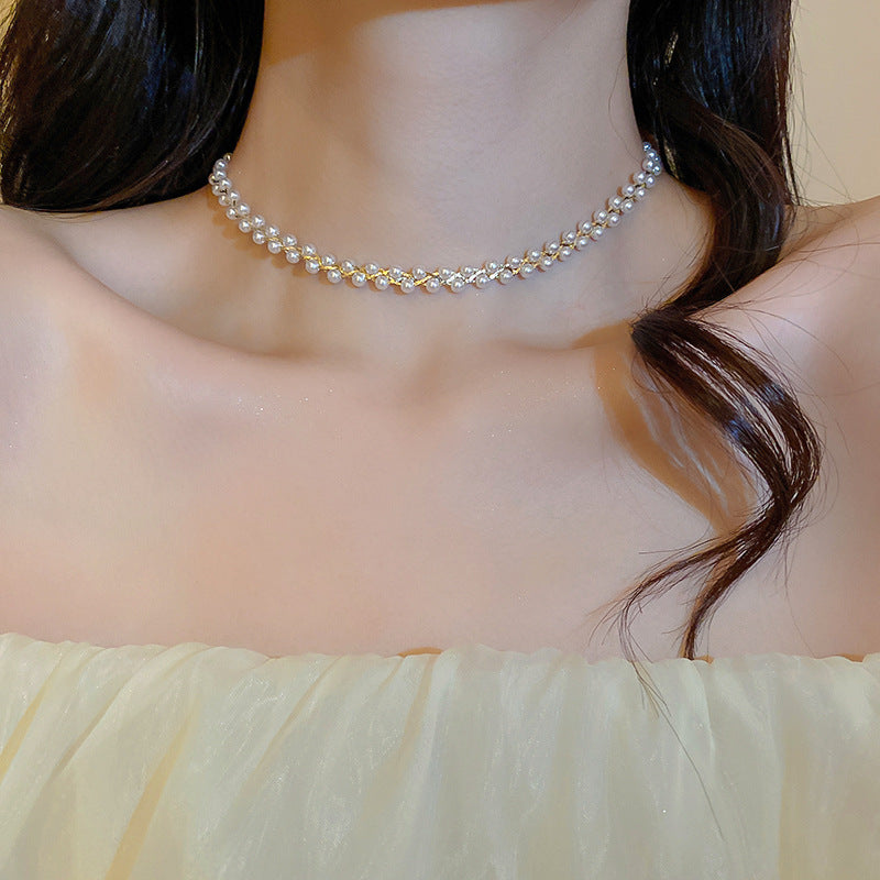 Crystal Pearl Twisted Double Layers Necklace