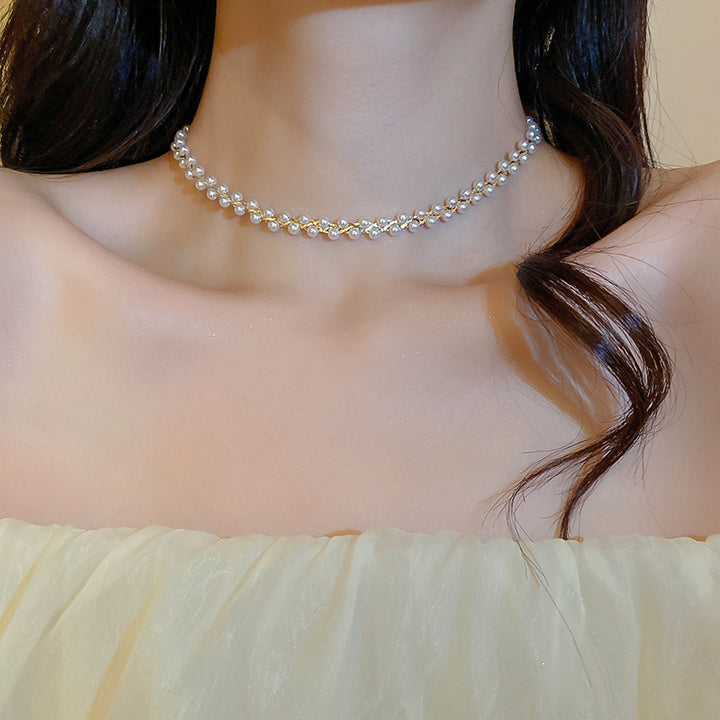 Crystal Pearl Twisted Double Layers Necklace