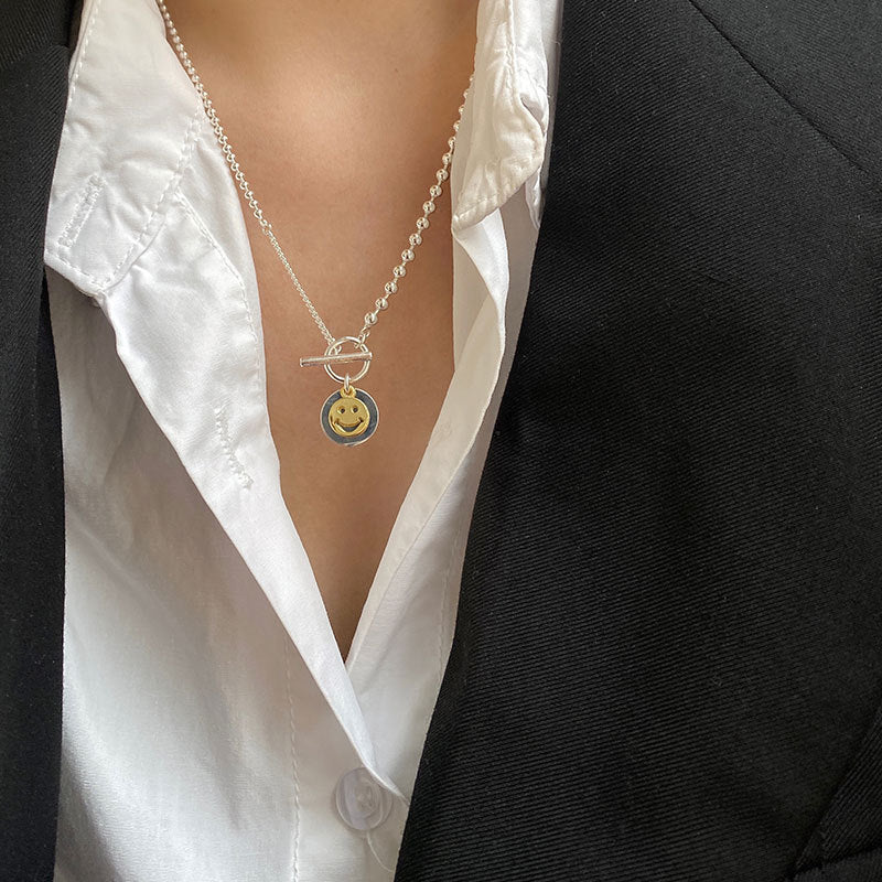 S925 Sterling Silver Round Smiley Necklace