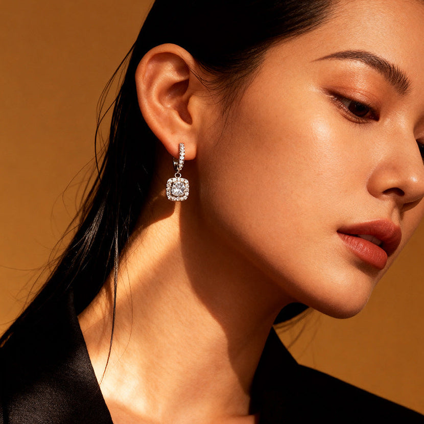 Square Halo Moissanite Drop Earrings
