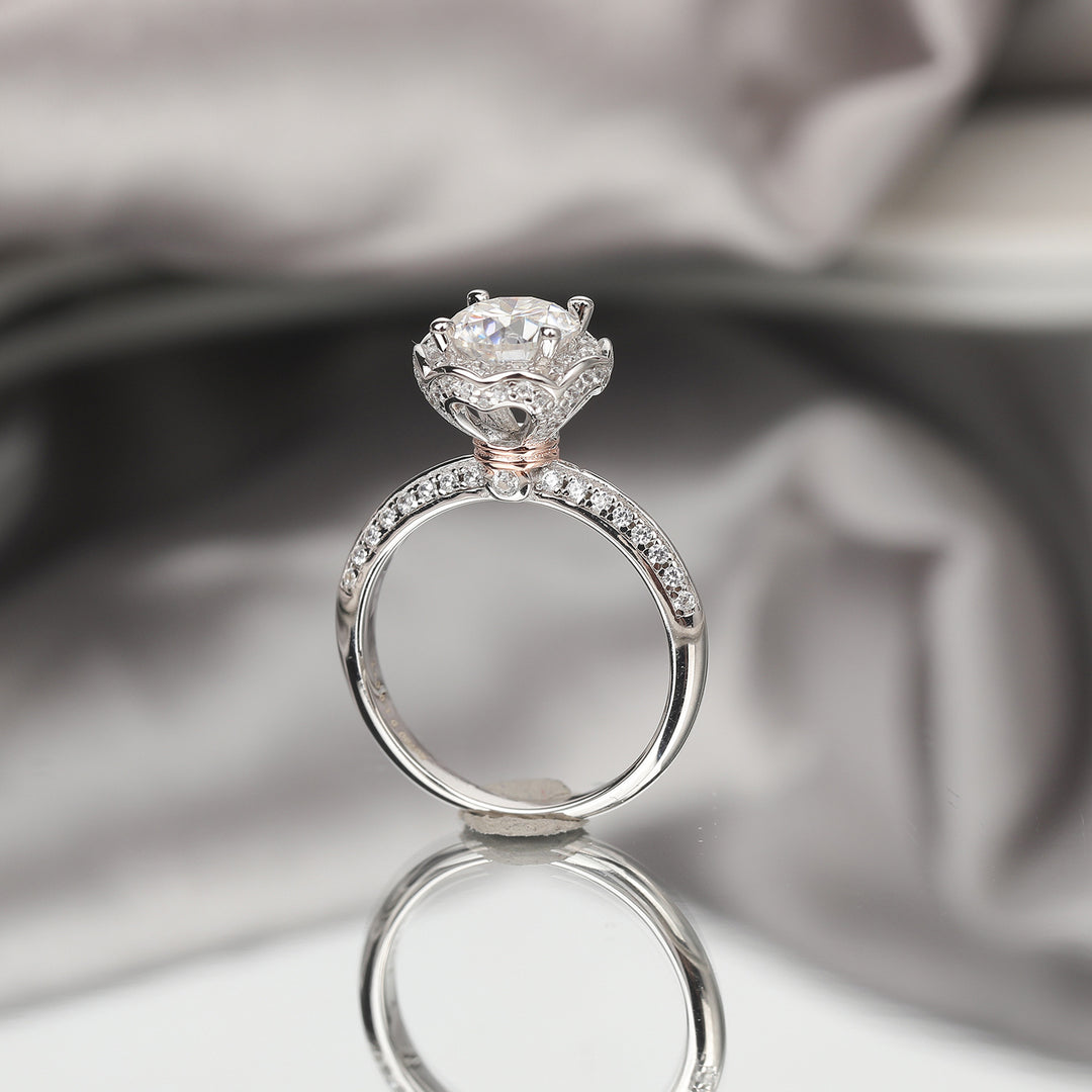 Lotus Crown Floral Halo Moissanite Engagement Ring