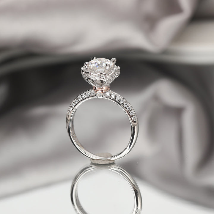 Lotus Crown Floral Halo Moissanite Engagement Ring