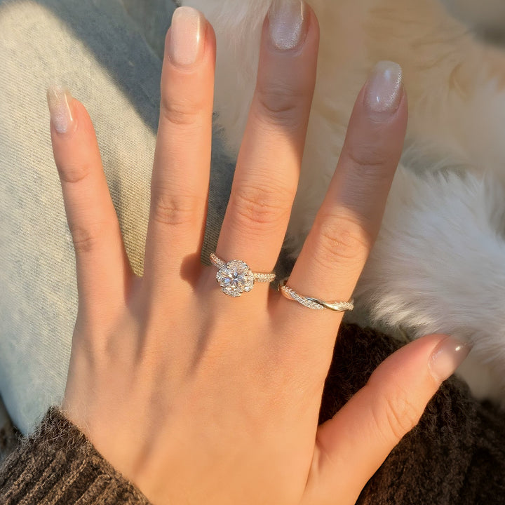 Lotus Crown Floral Halo Moissanite Engagement Ring