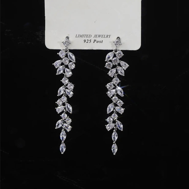 Sparkling Zirconia Leaf Tassel Earrings