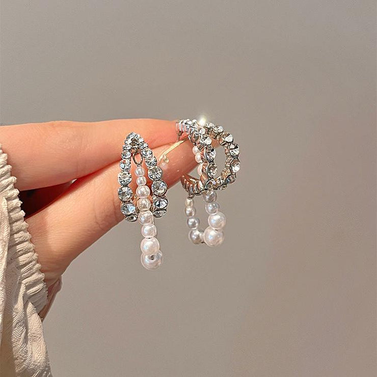 C-shaped multi-layer zirconia pearl earrings