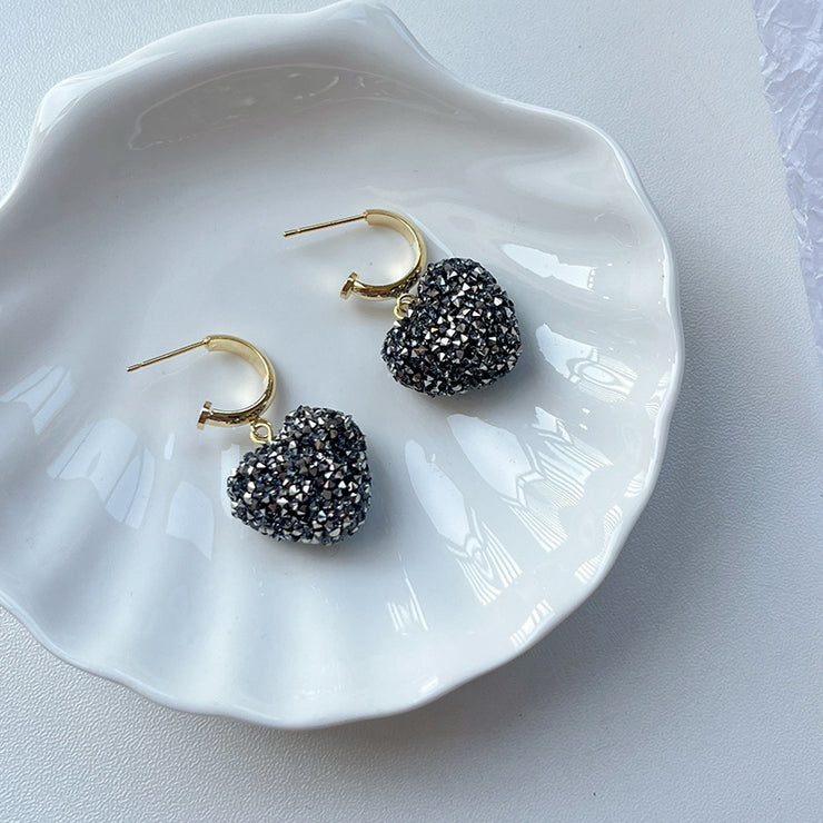 Black Full Diamond Heart Earrings