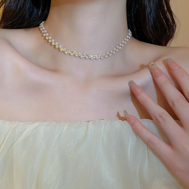 Crystal Pearl Twisted Double Layers Necklace