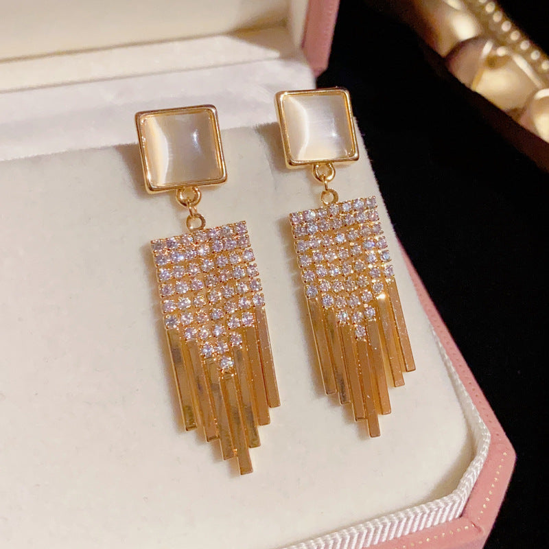 Square Cat's Eye Stone Tassel Earring