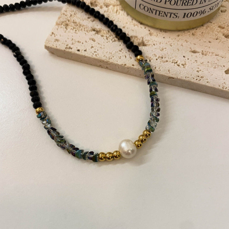 Black Crystal Natural Pearl Bracelet And Necklace Set