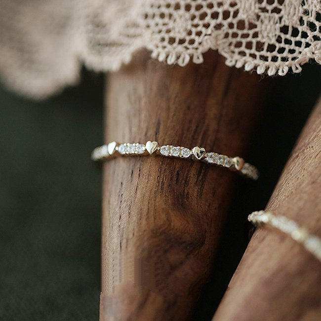 Heart Detail Zircon Stacking Ring — Slim Band | S925 Sterling Silver