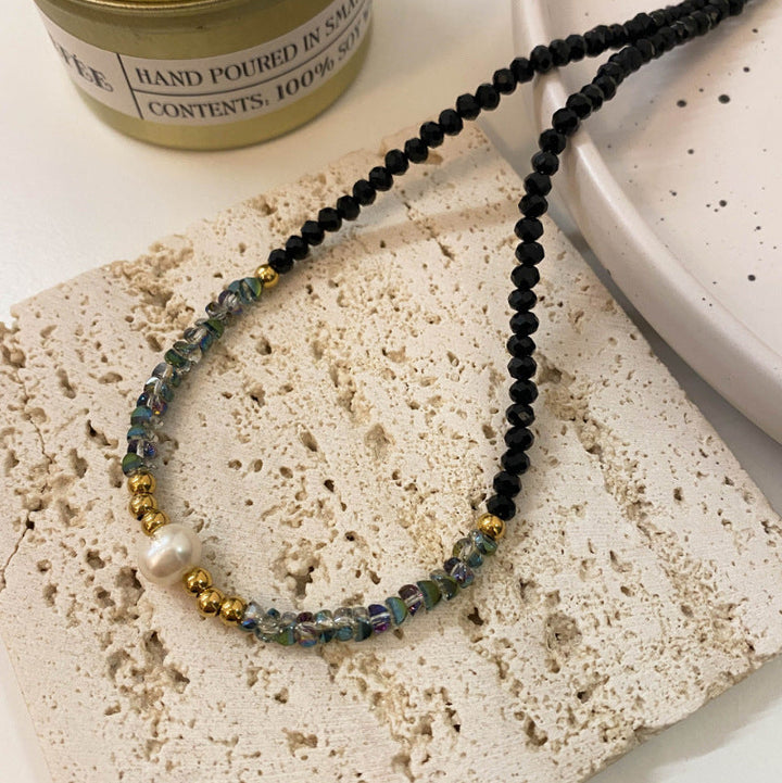 Black Crystal Natural Pearl Bracelet And Necklace Set