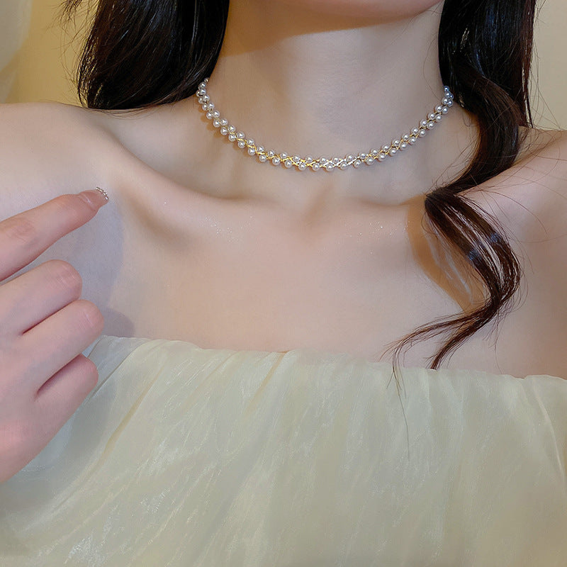 Crystal Pearl Twisted Double Layers Necklace