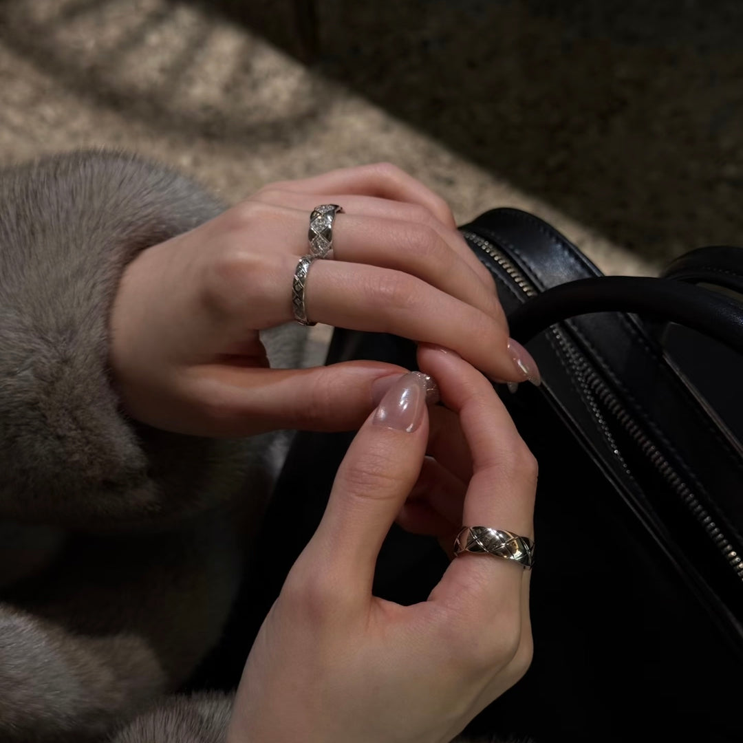 Geometric Quilted Band Ring — Wide & Slim | S925 Sterling Silver