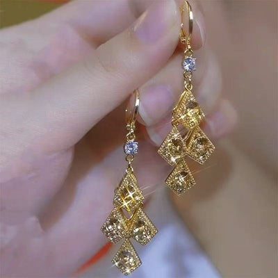 Super Sparkling Diamond Geometric Rhombus Tassel Earrings