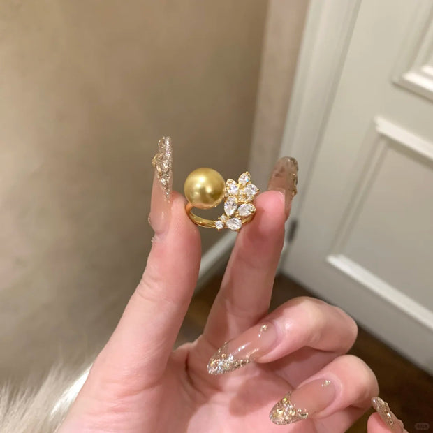 Full Diamond Leaf Pearl Ring